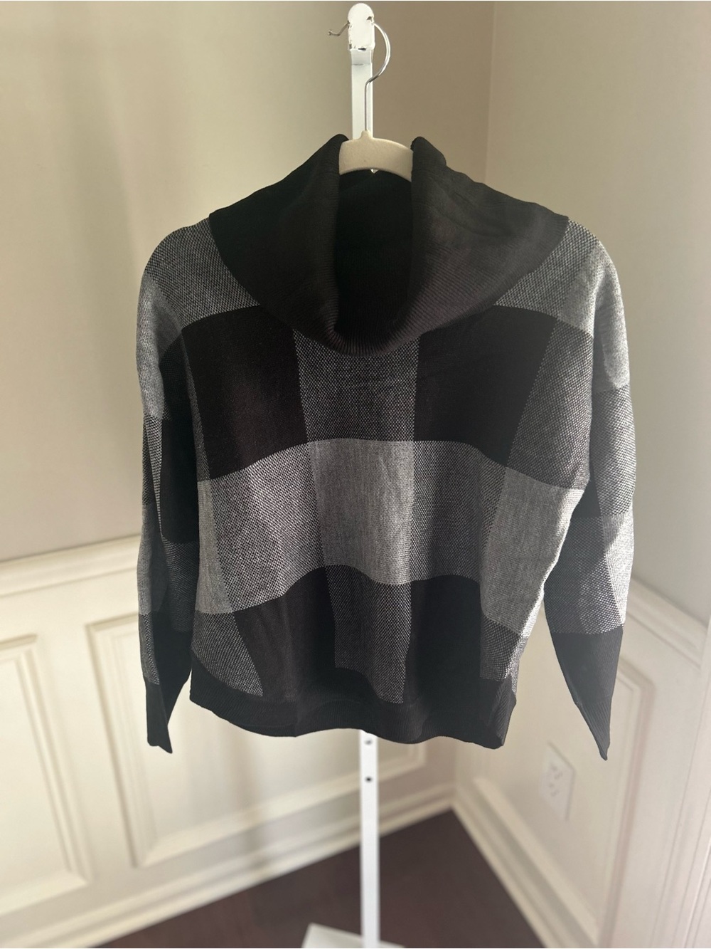 NWT Women’s Small Design History Black and Gray Block-Stripe Cowl Neck Sweater